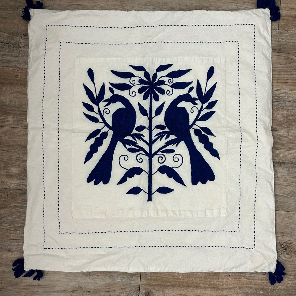 Roller Rabbit White & Cream Throw Pillow Cover with Navy Blue Bird